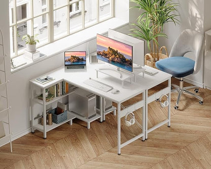 ODK 47 Inch Small L Shaped Computer Desk with Reversible Storage Shelves, L-Shaped Corner Desk with Monitor Stand for Small Space, Modern Simple Writing Table for Home Office Workstation, White