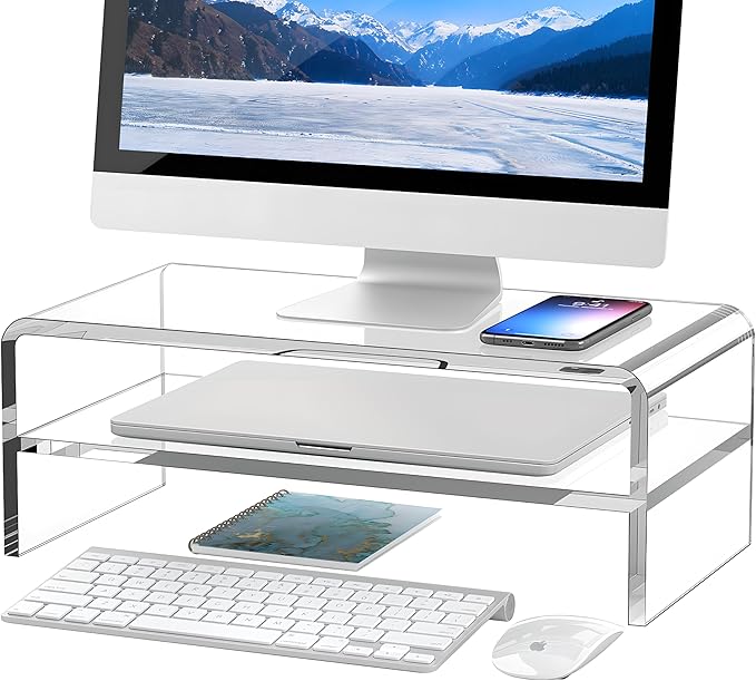 Clear Acrylic Monitor Stand Riser 2 Tier, 5.12 Inches High Clear Computer Desk Organizer Shelf for Multi Media PC Storage Laptop