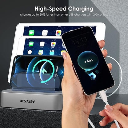 Charging Station for Multiple Devices,MSTJRY 5 Port Multi USB-A Charger Station with Power Switch Designed for iPhone iPad Cell Phone Tablets (Silver, 7 Mixed Short Cabels Included)