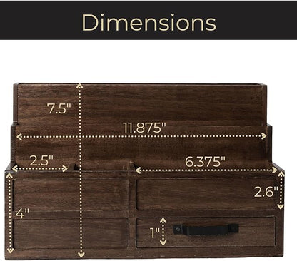 BLU MONACO Brown Wood Mail Organizer with Drawer and Pen Holder – Desk Mail Organizer and Sorter for Bills, Countertops, Kitchens, and Home Offices