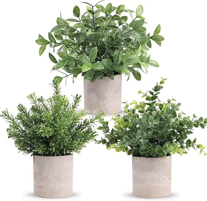 Der Rose 3 Pack Mini Potted Fake Plants Artificial Plastic Eucalyptus Plants for Home Office Desk Farmhouse Room Decor