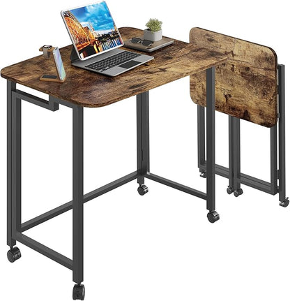 4NM 23.6" Mobile Small Folding Desk, Adjustable Rolling Compact Laptop Cart Desk, Couch Desk, Bed Desk for Laptop for Small Space Offices - Rustic Brown and Black