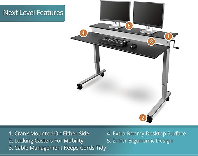 S STAND UP DESK STORE Crank Adjustable 2-Tier Standing Desk with Heavy Duty Steel Frame (Silver Frame/Black Top, 60 inch Wide)