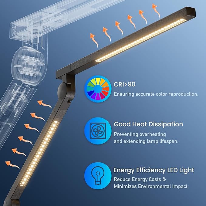 Desk Lamp, Desk Light with Clamp, Stepless Dimming & Adjustable Color Temperature Modern Eye-Caring Architect Lamp with Memory & Timing Function for Study, Work, Home, Office, 15W