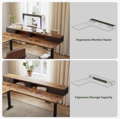 Agilestic L Shaped Electric Standing Desk with 2 Drawers, 63 Inch Ergonomic Adjustable Height Desk with Storage, Corner Desk Sit Stand up Computer Table for Work Office Home, Rustic Brown