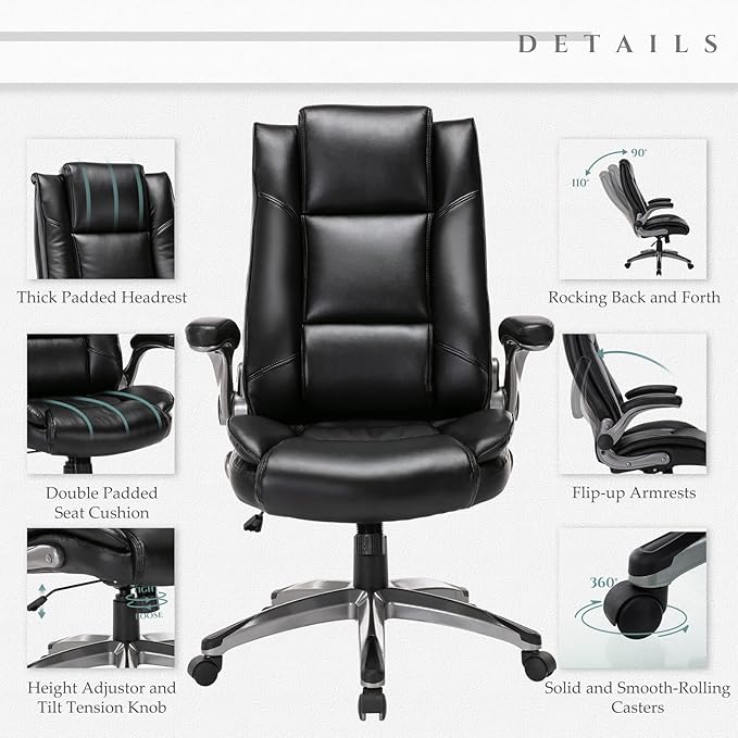 COLAMY Leather Executive Office Chair - High Back Home Computer Desk Chair with Padded Flip-up Arms, Adjustable Tilt Lock, Swivel Rolling Ergonomic Chair for Adult Working Study, Black