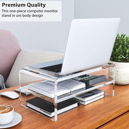 Acrylic Monitor Stand Riser, 2 Tier Clear Computer Monitor Stand for Home Office Business, PC Desk Stand Monitor Riser for Keyboard Storage, Laptop, Printer and TV Screen -12x7.2x5.12 inches