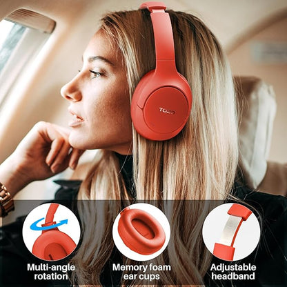 TOZO HT2 Hybrid Active Noise Cancelling Headphones, Wireless Over Ear Bluetooth Headphones, 60H Playtime, Hi-Res Audio Custom EQ via App Deep Bass Comfort Fit Ear Cups, for Home Office Travel Red