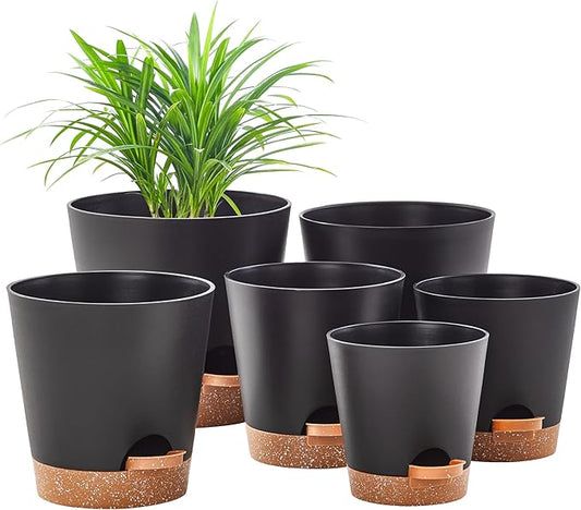 FaithLand 6-Pack Black Self Watering Planter Pots for Indoor Outdoor Plants - 8, 7, 6.5, 6, 5.5, 5 Inches Flower Pots