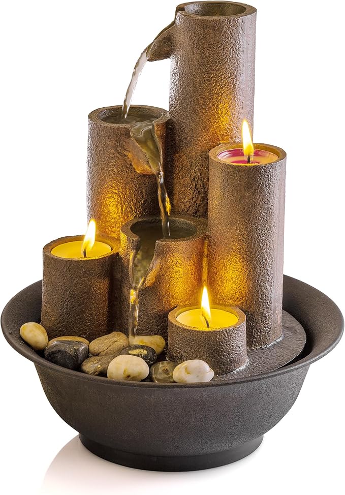 Alpine Corporation WCT202 Indoor Tabletop Tiered Water Fountain Featuring 3 Candles for Desktop and Table, 11", Brown