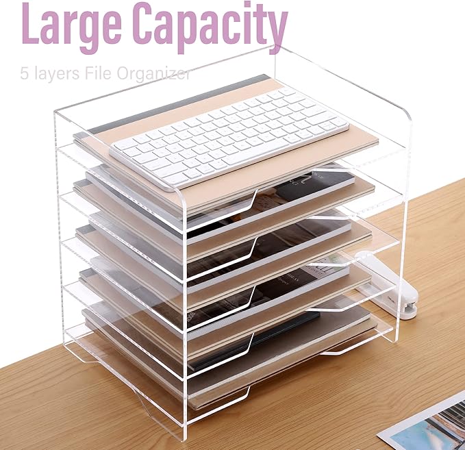 SANRUI Acrylic Paper Organizer Letter Tray for Desk, 5 Tier Enlarged File Sorter,Clear File Holder Desktop Shelf Document Storage for School Office Home