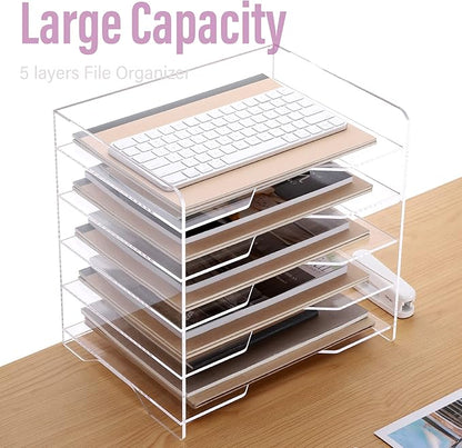 SANRUI Acrylic Paper Organizer Letter Tray for Desk, 5 Tier Enlarged File Sorter,Clear File Holder Desktop Shelf Document Storage for School Office Home