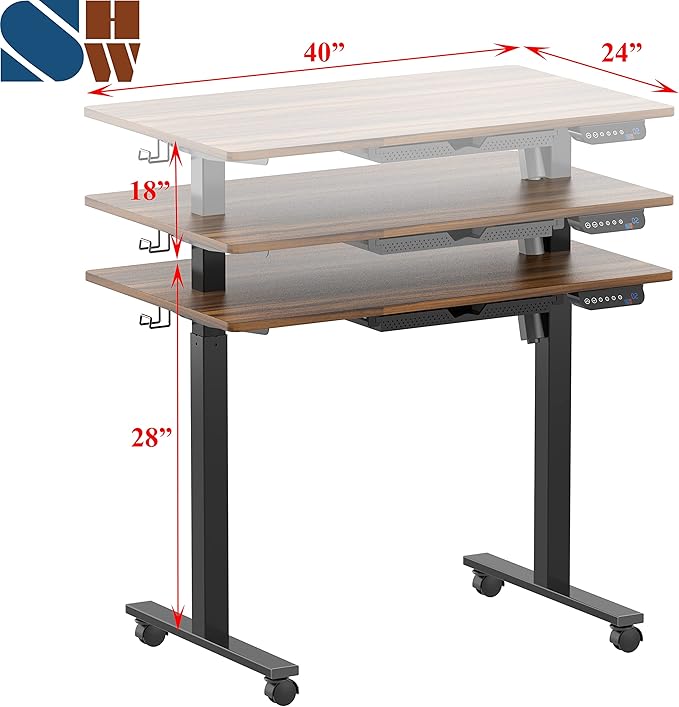 SHW Electric Height Adjustable Mobile Rolling Standing Desk Workstation, 40 x 24 Inches, Walnut