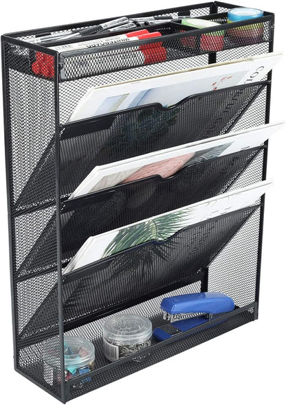 EasyPAG Desk File Organizer Mesh 5-Tier Hanging Wall Mount File Holder Desktop Vertical Mail Paper Folder Holder Stand Rack with Bottom Tray and Accessories Organizer for Office Home,Black