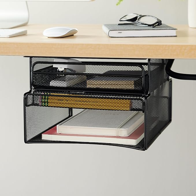 Safco Products 3244BL Onyx Mesh Deluxe Under Desk Hanging File & Paper Organizer, Black, Steel Construction, 2 Compartments, Tabletop or Desktop. Perfect for Home, Office & Classrooms, Black