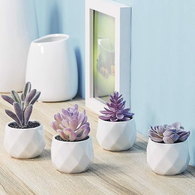 CADNLY Fake Succulent Plant Set - Artificial Succulent Plants for Women Desk - Realistic Faux Succulents in Ceramic Pots - Mini Purple Succulent Decor for Bedroom Bathroom Office Shelf Decor