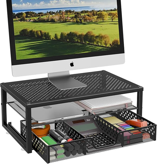 Metal Monitor Stand Riser and Computer Desk Organizer with Drawer for Laptop, Computer, iMac, Black