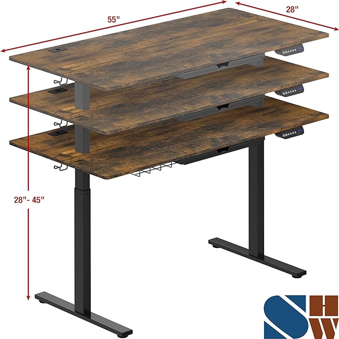 SHW 55-Inch Large Electric Height Adjustable Standing Desk, 55 x 28 Inches, Rustic Brown