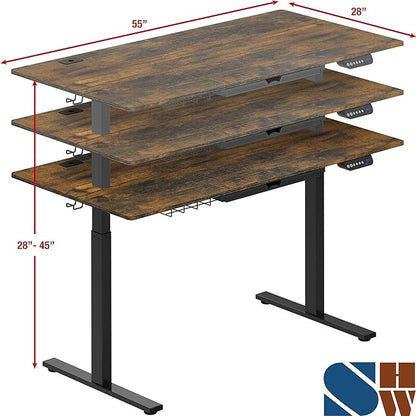 SHW 55-Inch Large Electric Height Adjustable Standing Desk, 55 x 28 Inches, Rustic Brown