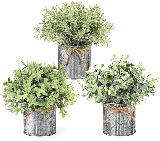 Mkono Small Fake Plants in Farmhouse Galvanized Metal Pots 3 Pack Potted Artificial Plant Eucalyptus for Laundry Room Bathroom Shelf Table Decor