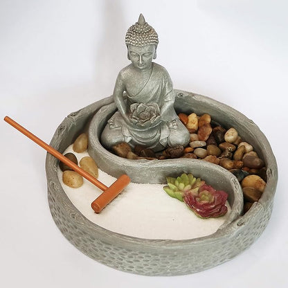 Nature's Mark Mini Zen Garden Kit for Desk with Lotus, Buddha Figures, Rake and Natural Sand River Rocks Table/Desk Décor Gift Set for Home and Office 6 x 6 Inches Round Base