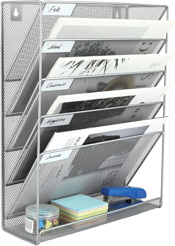 EasyPAG Wall File Organizer 5 Tier Vertical Hanging File Organizer Wall Mounted File Holder Paper Folder Rack with Bottom Flat Tray for Office and Home,Sliver