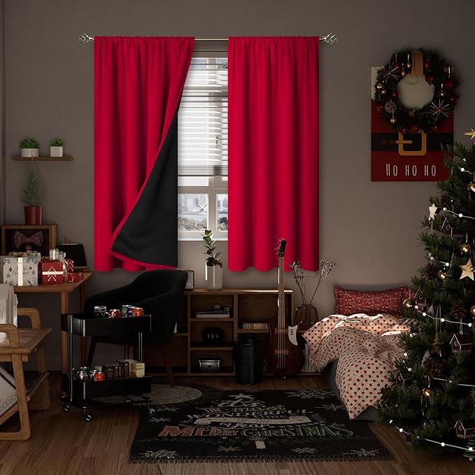 BGment Christmas Thermal Insulated 100% Blackout Curtains for Bedroom Decoration with Black Liner, Double Layer Full Room Darkening Noise Reducing Rod Pocket Curtain (52 x 63 Inch, Red, 2 Panels)