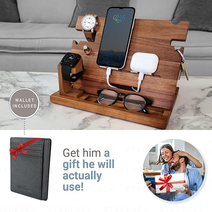 Wooden Docking Station Men, Nightstand Organizer Bundle w/RFID Blocking Leather Wallet - Charging Station, Cell Phone Stand, Tablet Stand, Husband Gifts from Wife, for Dad - Walnut