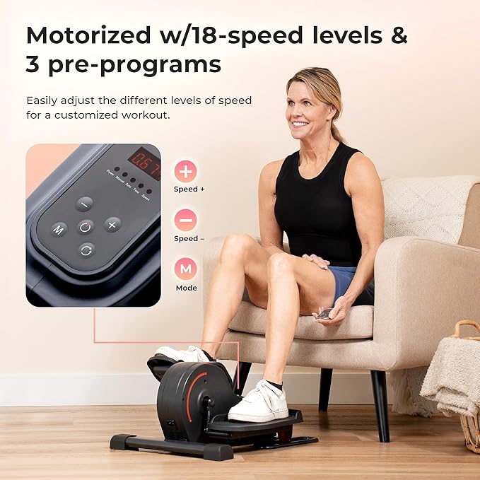 Sunny Health & Fitness Sitting Under Desk Elliptical Exerciser, Portable Pedal Training Machine for Senior Exercise, Peddler for Home Workout, Optional Free SunnyFit App, Magnetic, Motorized & In Pink