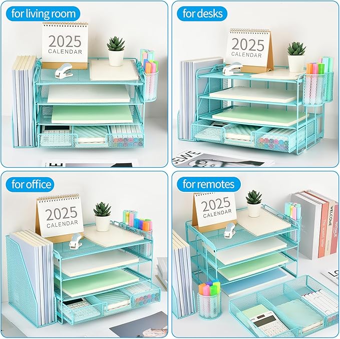 gianotter Paper Letter Tray Organizer with File Holder, 4-Tier Desk Accessories & Workspace Organizers with Drawer and 2 Pen Holder, Desk Organizers and Accessories for Office Supplies (Blue)