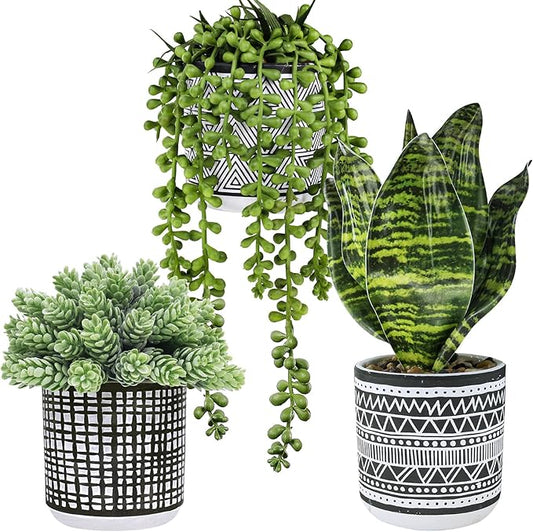 Winlyn 3 Pcs Small Potted Plants Artificial Succulents Hanging Plants and Faux Tropical Snake Plant in Black Geometric Pots for Modern Home Kitchen Windowsill Table Shelf Indoor Outdoor Greenery Decor