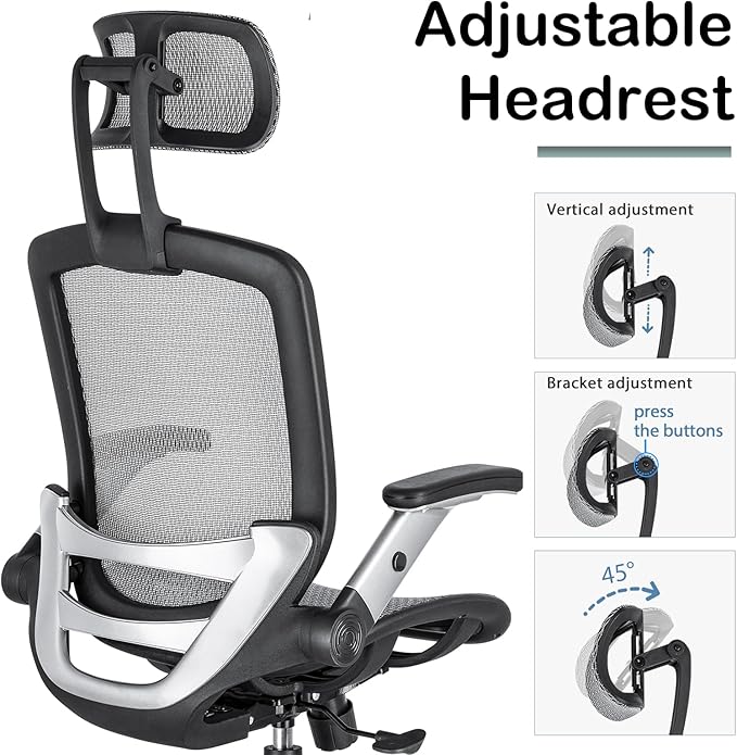 SUNNOW Ergonomic Office Chair, Mesh Home Desk Chair with Flip-Up Arms, 3D Headrest, 90°-120° Tilt Lock and Wide Cushion, High Back Big and Tall Computer Gaming Chairs, Swivel Executive Task Chair