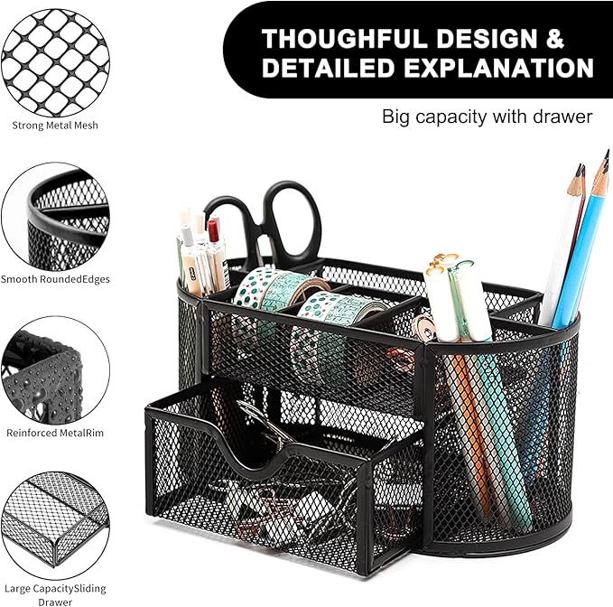 Mesh Desk Organizer Desktop Office Supplies Multi-functional Caddy Pen Holder Stationery with 8 Compartments and 1 Drawer for Office, Home, School, Classroom (Black)