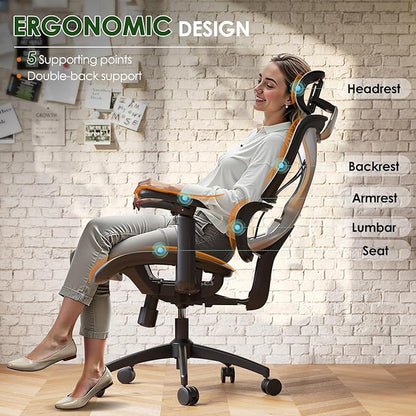 GABRYLLY Ergonomic Office Chair, Big and Tall Mesh Chair with Lumbar Support, 3D armrest - 215° Rotation, Adjustable Headrest & Soft Seat, Durable Desk Chair 350LBS for Work Gaming Computer,Grey