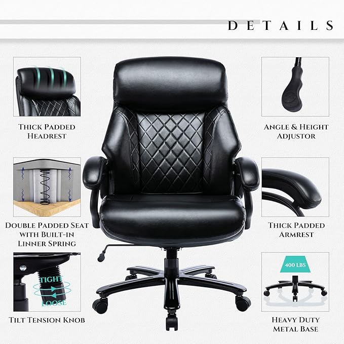 COLAMY Big and Tall Office Chair 400lbs-Heavy Duty Executive Desk Chair with Extra Wide Seat, High Back Ergonomic Leather Computer Chair with Tilt Rock&Tension, Padded Armrests-Black