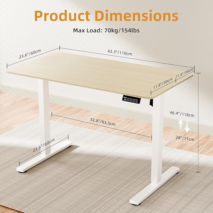 Electric Standing Desk, 43.3" x 23.6" Height Adjustable Sit Stand Desk with Splice Board for Home Office, Computer Desk Memory Preset (White Frame, Gold Oak Desktop)