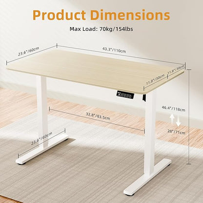 Electric Standing Desk, 43.3" x 23.6" Height Adjustable Sit Stand Desk with Splice Board for Home Office, Computer Desk Memory Preset (White Frame, Gold Oak Desktop)