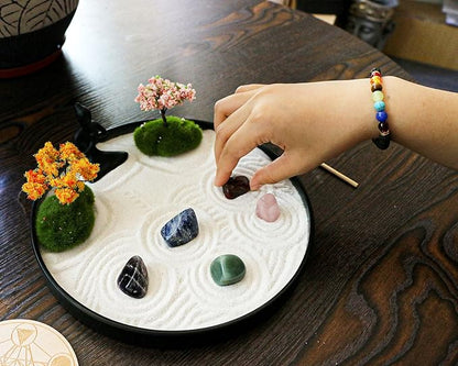 Zen Sand Garden for Desk - Tabletop Chakra Yoga Zen Garden Kit Set Japanese Crystal Quartz Rock Sand Zen Garden Home Office Spiritual Zen Gifts for Friends Adults Women