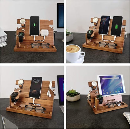 Wooden Docking Station Men, Nightstand Organizer Bundle w/RFID Blocking Leather Wallet - Charging Station, Cell Phone Stand, Tablet Stand, Husband Gifts from Wife, for Dad - Walnut