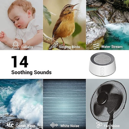 BGOVERSS White Noise Sound Machine with 14 Soothing Sounds and 10 Levels Night Light for Sleeping, 5 Timers and Memory Feature Plug in Sound Machine for Nursery Baby Kids Adults,Black