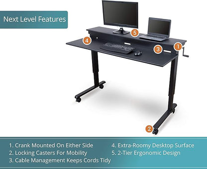 Stand Up Desk Store Crank Adjustable Two Tier Standing Desk with Heavy Duty Steel Frame (Black Frame/Black Top, 60" Wide)