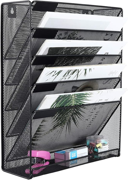 EasyPAG 5 Slot Wall Hanging File Organizer Vertical Office Desk /Wall Mounted File Holder Paper Organizer with Bottom Flat Tray,Black