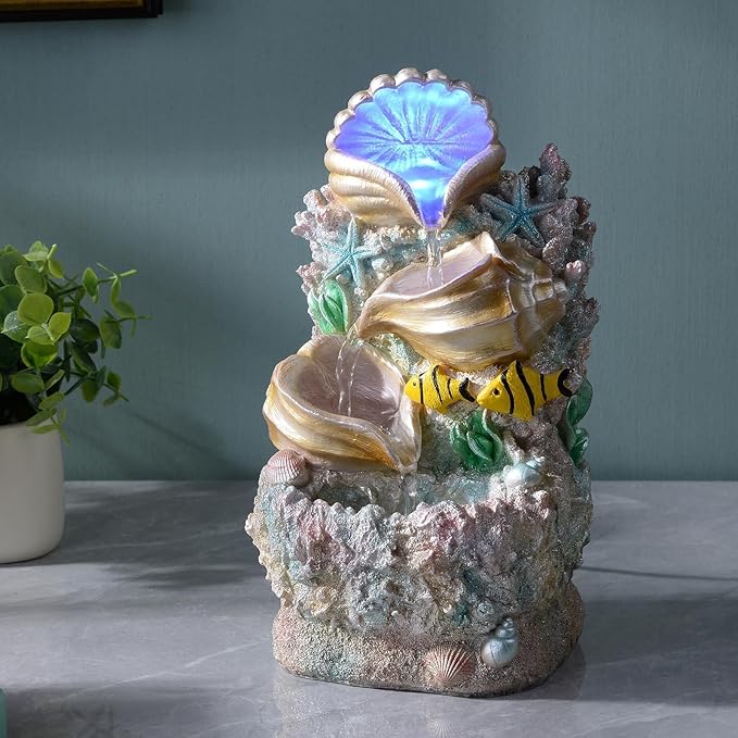 GOSSI Themed Coral Shell Fountain Tabletop Home Décor Indoor Desktop Fountain Perfect for Zen Waterfall Meditation Waterfall Decor Fountain with LED Lights(23037)