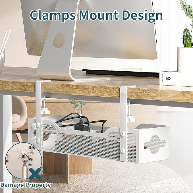 Under Desk Cable Management Tray, Litwaro Cable Management Under Desk No Drill, Metal Cable Tray with Clamp for Desk Wire Management, Desk Cord Organizer for Home Office No Damage to Standing Desk