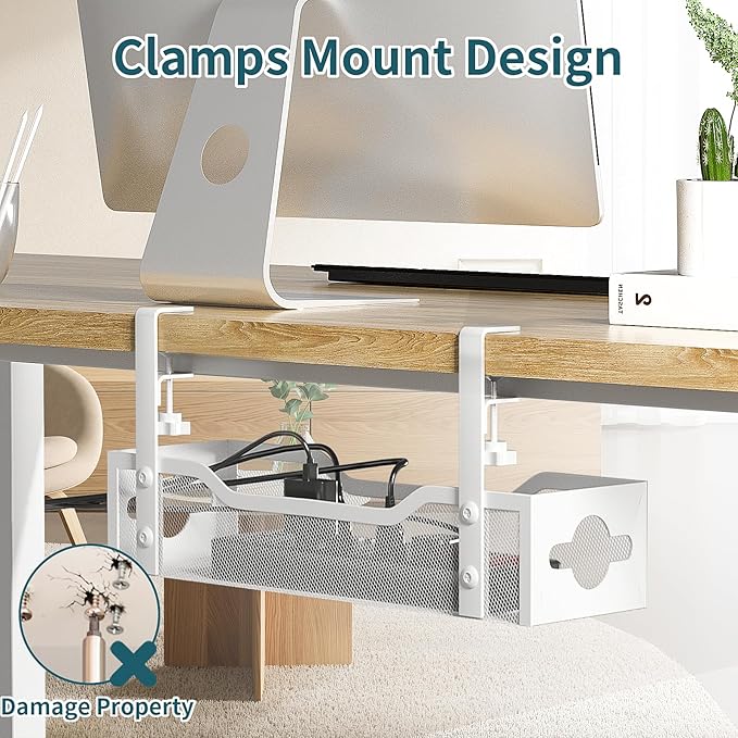 Under Desk Cable Management Tray 2 Pack, Cable Management Under Desk No Drill, Desk Cable Organizer with Clamp Easy to Install for Standing Desk Cord Organizer, Desk Wire Management No Damage to Desk