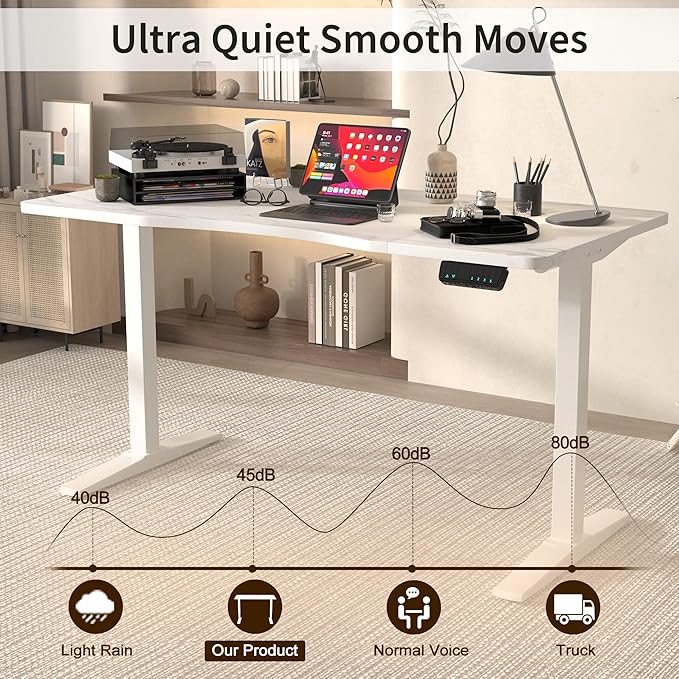 Monomi Height Adjustable Electric Standing Desk, 55 x 24 Inches Stand up Desk, Sit Stand Home Office Computer Desk(White Frame+Marble White Top)