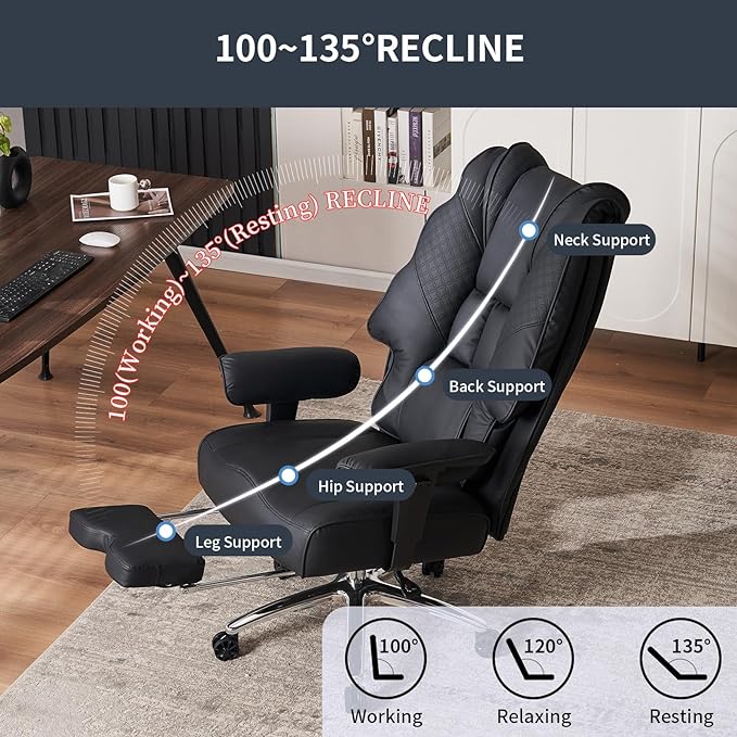 Big and Tall Office Chair 400lbs Wide Seat, Leather High Back Executive Office Chair with Foot Rest, Ergonomic Office Chair Lumbar Support for Lower Back Pain Relief (Black)