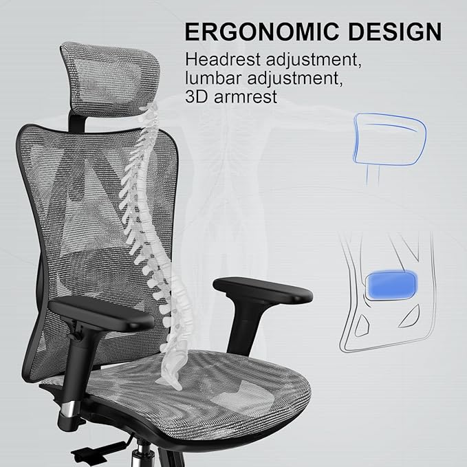 SIHOO M57 Ergonomic Office Chair with 3 Way Armrests Lumbar Support and Adjustable Headrest High Back Tilt Function Grey