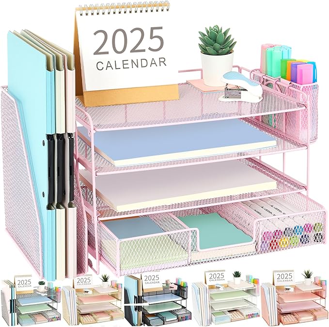 gianotter Paper Organizer with File Holder for Desk, 4 Tier Letter Tray Office Desk Organizers and Accessories - Workspace Organizers with Drawer and 2 Pen Holder for Office Supplies (Pink)