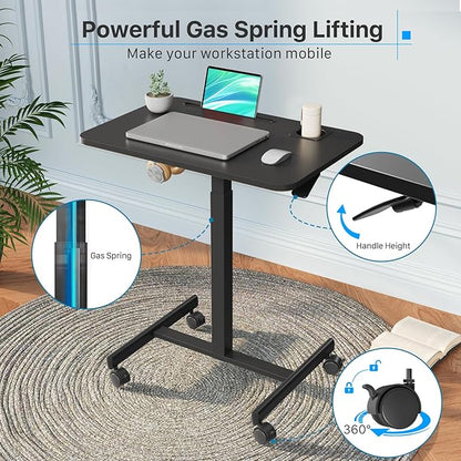 Mobile Standing Desk, Rolling Laptop Desk Adjustable Height with Cup Holder, 28 inch Portable Desk Workstation with 4 Lockable Wheels, Black Desk with Hook and Slots for Home Office